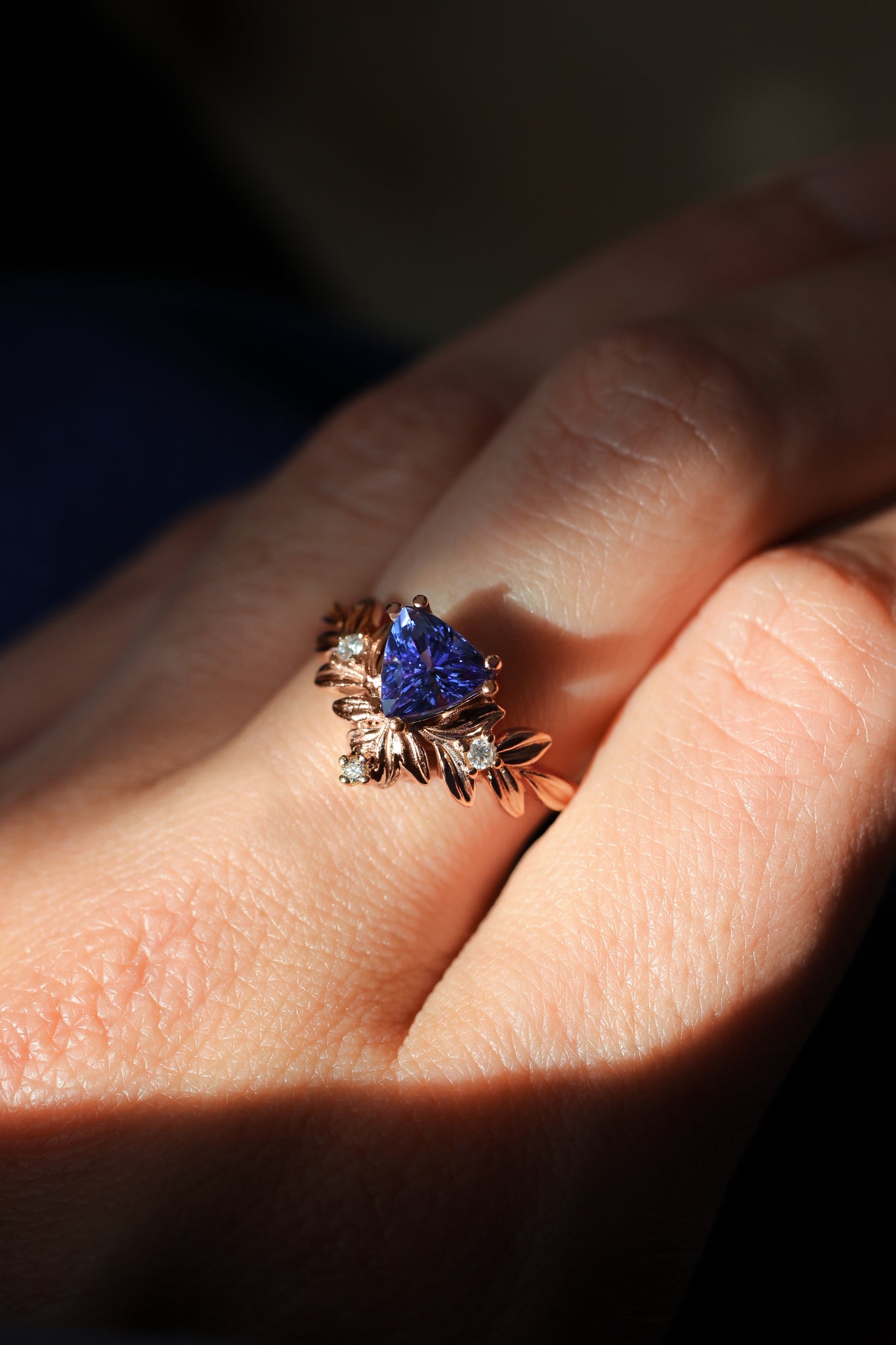 Trillion cut tanzanite engagement ring, leaf ring - Eden Garden Jewelry™