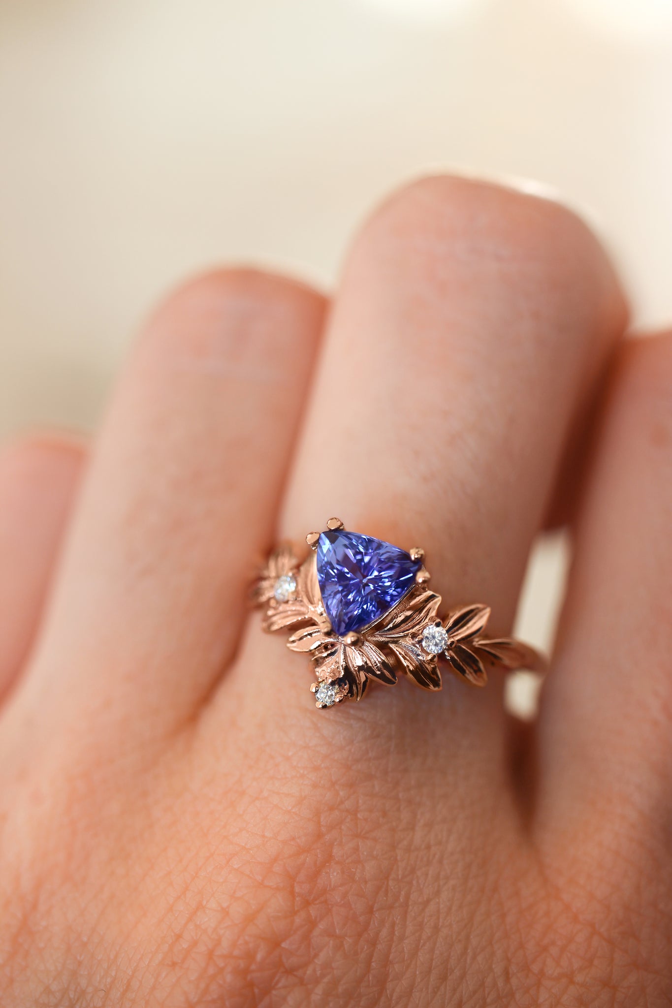 Trillion cut tanzanite engagement ring, leaf ring - Eden Garden Jewelry™