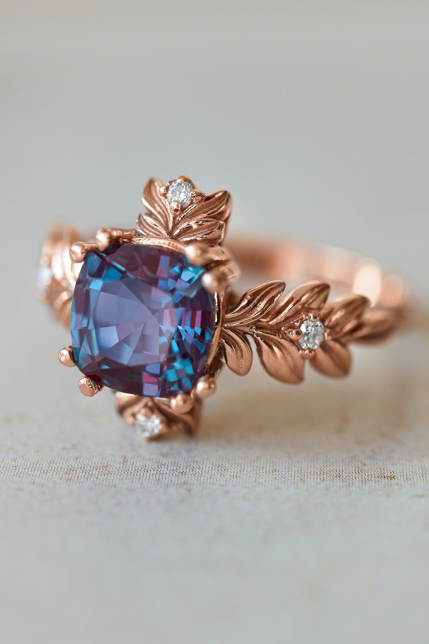 Cushion alexandrite ring with diamonds, leaf engagement ring - Eden Garden Jewelry™