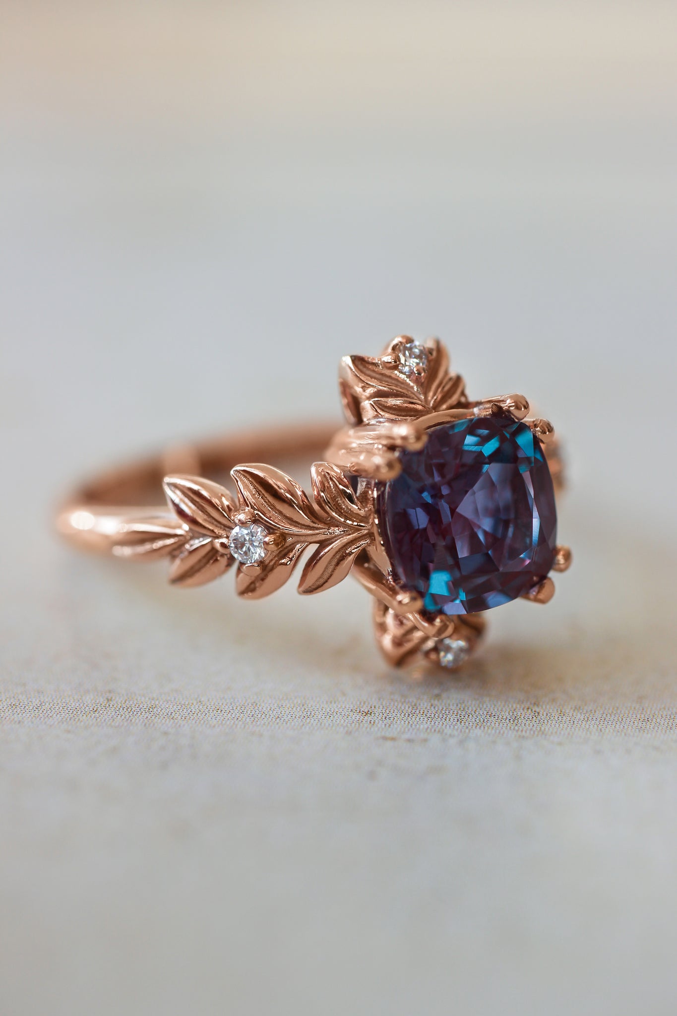 Cushion alexandrite ring with diamonds, leaf engagement ring - Eden Garden Jewelry™