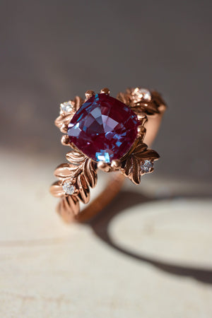 Cushion alexandrite ring with diamonds, leaf engagement ring - Eden Garden Jewelry™