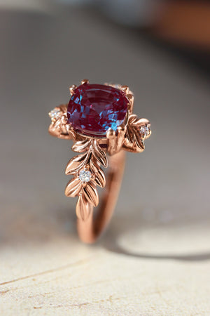 Cushion alexandrite ring with diamonds, leaf engagement ring - Eden Garden Jewelry™