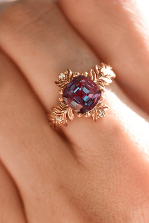 Cushion alexandrite ring with diamonds, leaf engagement ring - Eden Garden Jewelry™