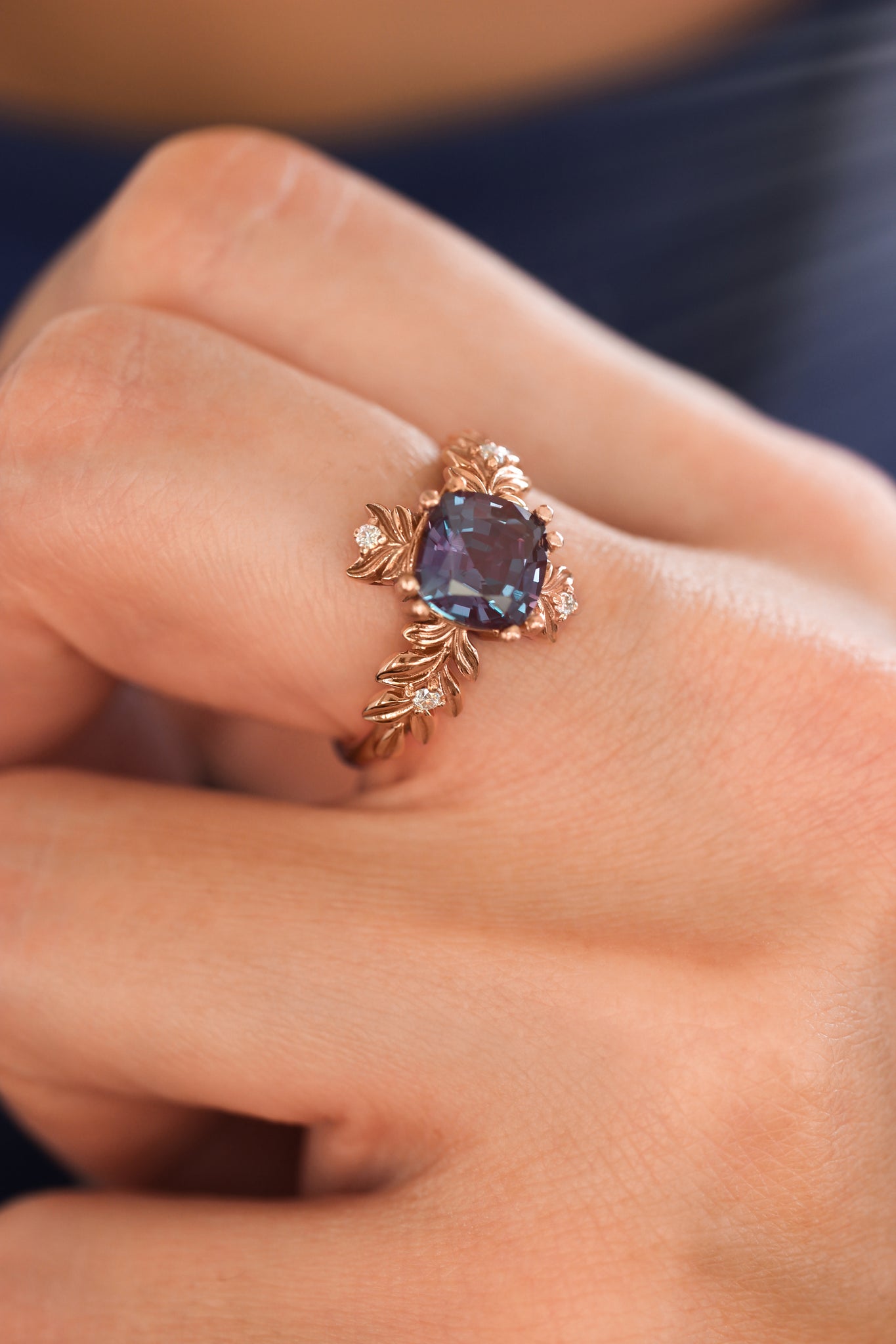 Cushion alexandrite ring with diamonds, leaf engagement ring - Eden Garden Jewelry™