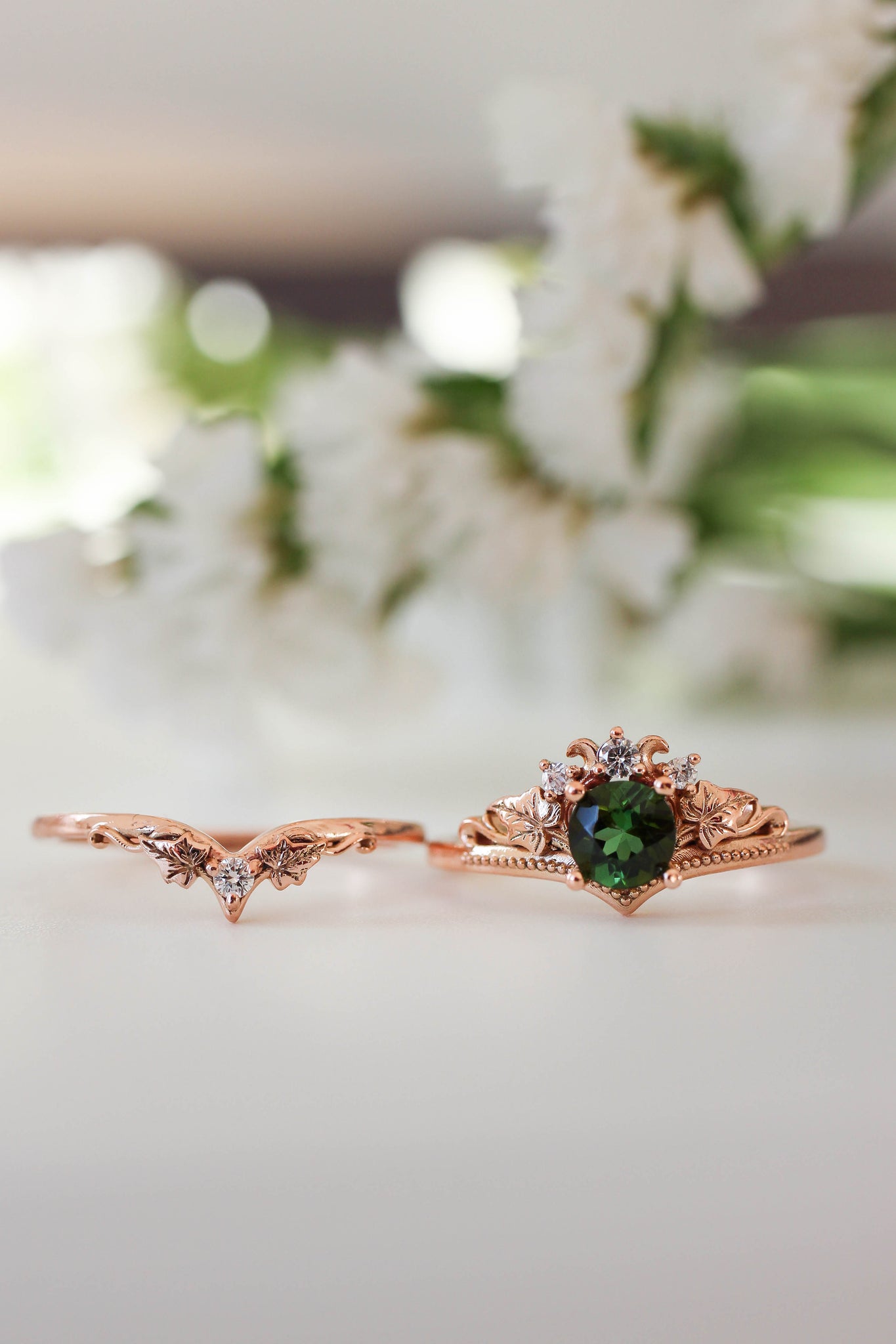 Bridal ring set with tourmaline and diamonds / Ariadne - Eden Garden Jewelry™