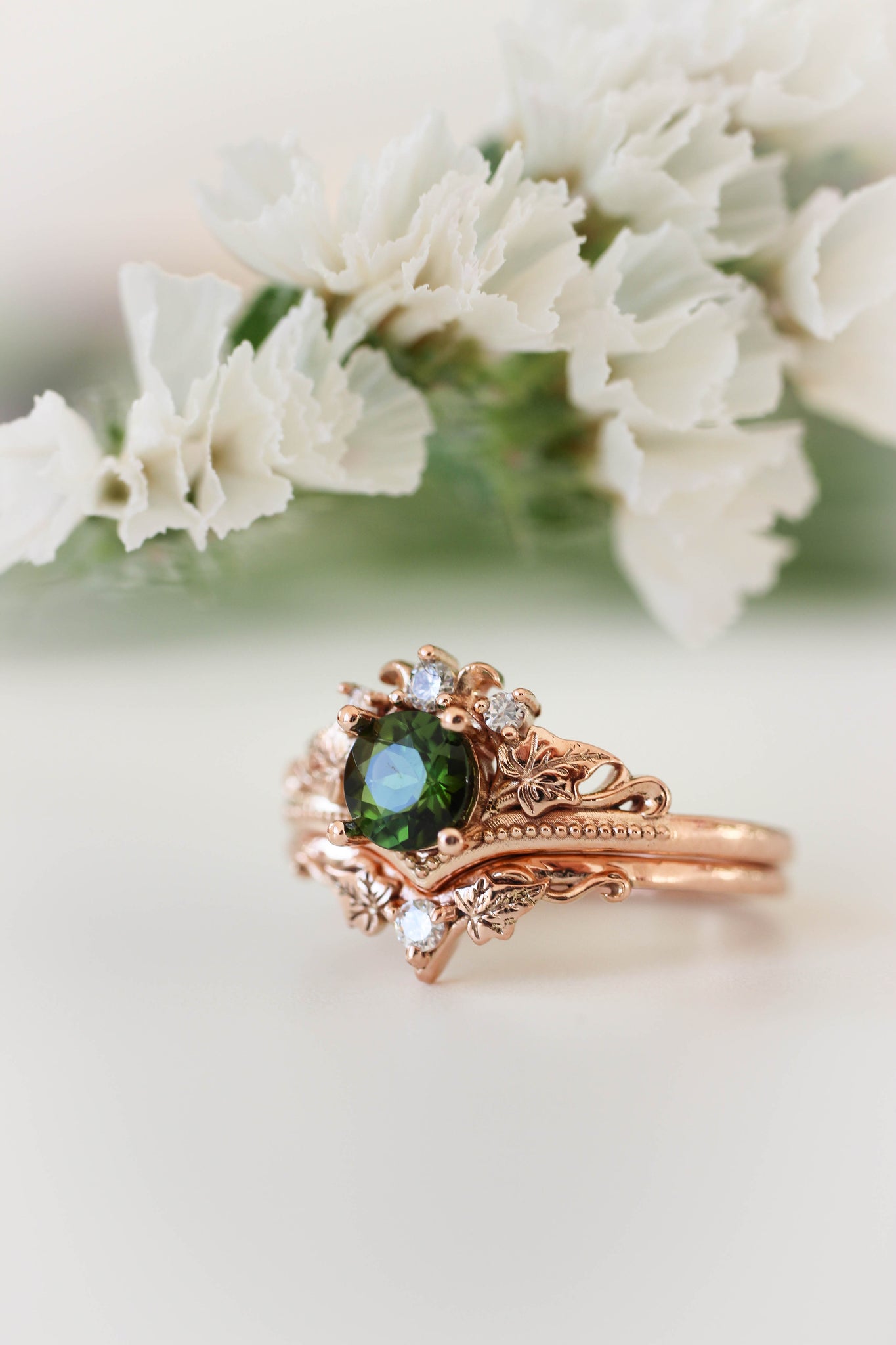 Bridal ring set with tourmaline and diamonds / Ariadne - Eden Garden Jewelry™