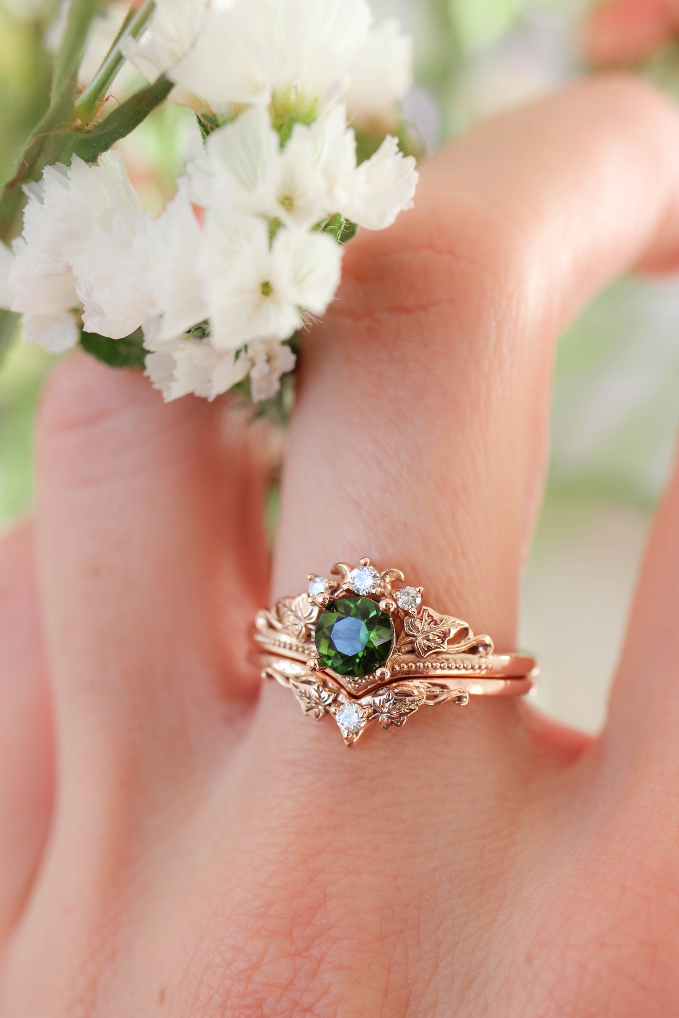 Wedding bands set for couple, ivy leaves rings - Eden Garden Jewelry™