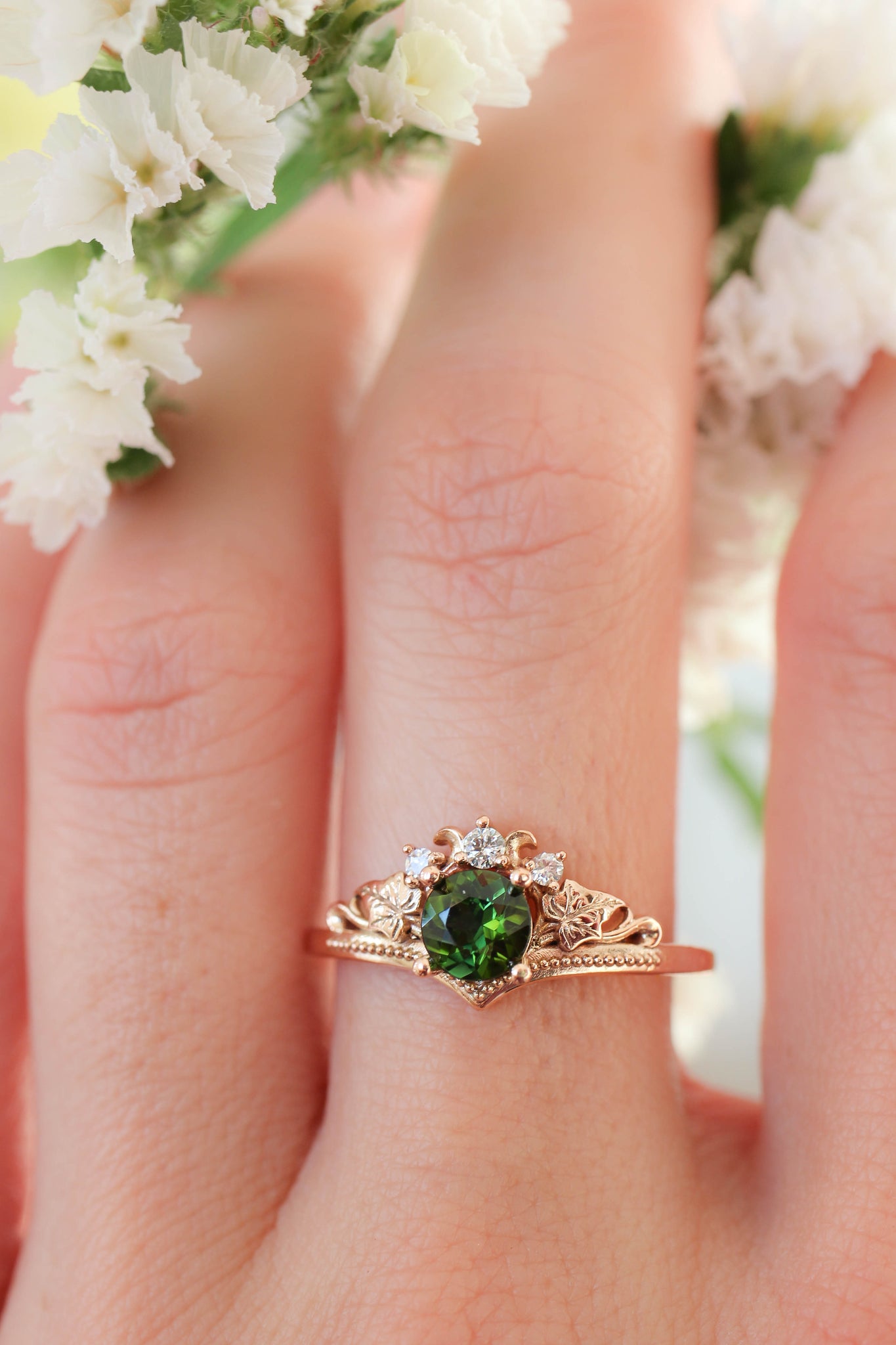 Green tourmaline and diamonds engagement ring / Ariadne - Eden Garden Jewelry™