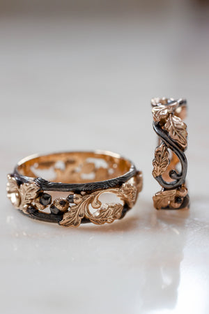 Wedding bands set, oak leaves rings, black and gold - Eden Garden Jewelry™