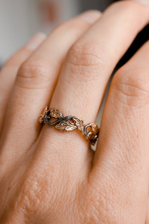 Wedding bands set, oak leaves rings, black and gold - Eden Garden Jewelry™