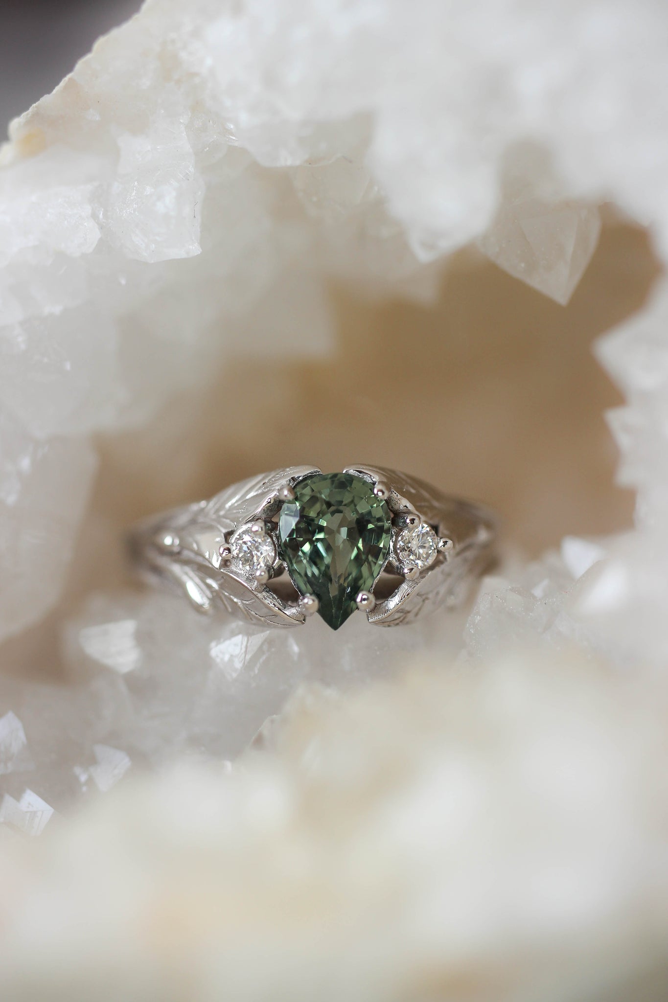 Green sapphire ring with diamonds, leaves engagement ring / Wisteria - Eden Garden Jewelry™