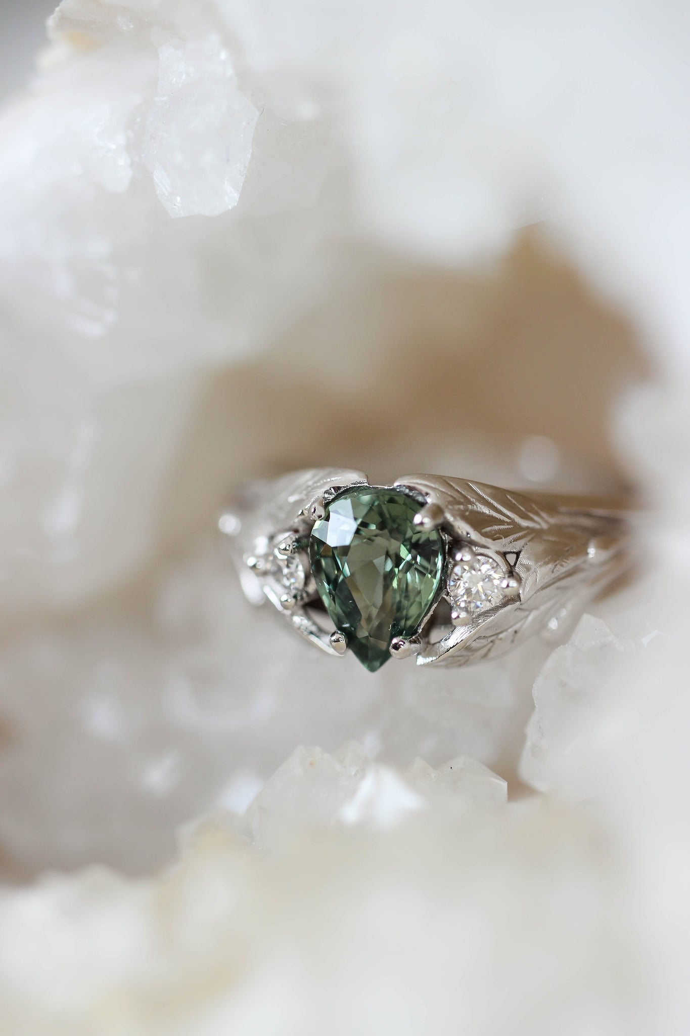 Green sapphire ring with diamonds, leaves engagement ring / Wisteria - Eden Garden Jewelry™