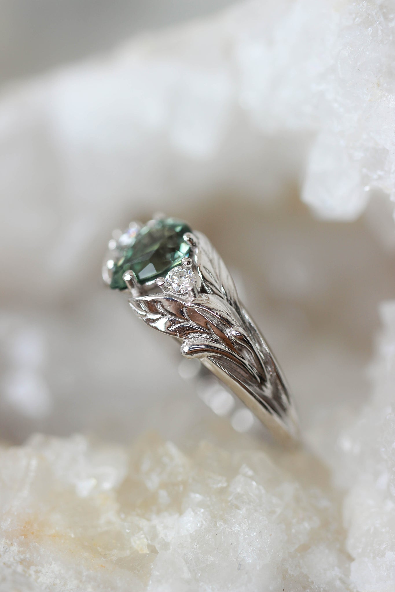 Green sapphire ring with diamonds, leaves engagement ring / Wisteria - Eden Garden Jewelry™