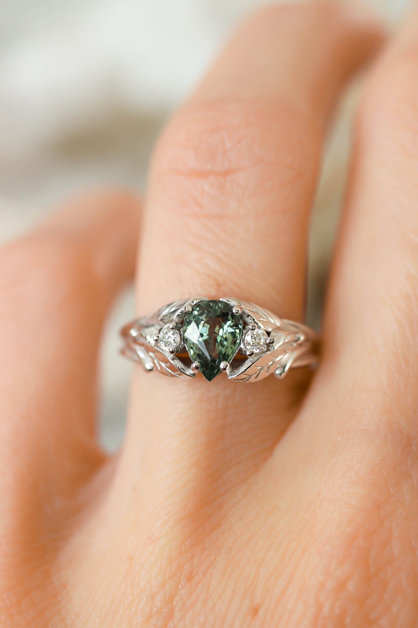 Green sapphire ring with diamonds, leaves engagement ring / Wisteria - Eden Garden Jewelry™