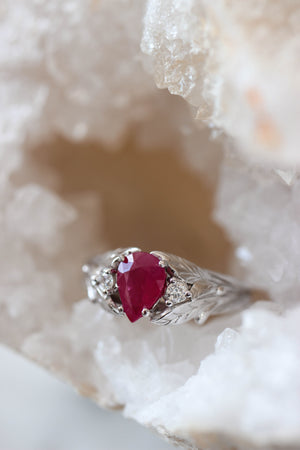 Natural ruby ring with diamonds, leaves engagement ring / Wisteria - Eden Garden Jewelry™