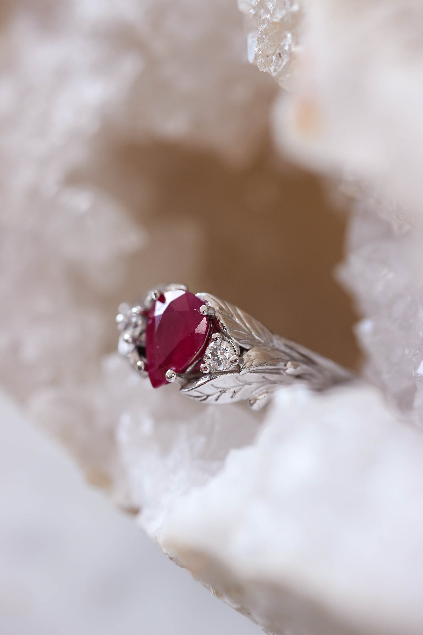 Natural ruby ring with diamonds, leaves engagement ring / Wisteria - Eden Garden Jewelry™