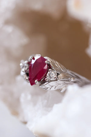 Natural ruby ring with diamonds, leaves engagement ring / Wisteria - Eden Garden Jewelry™