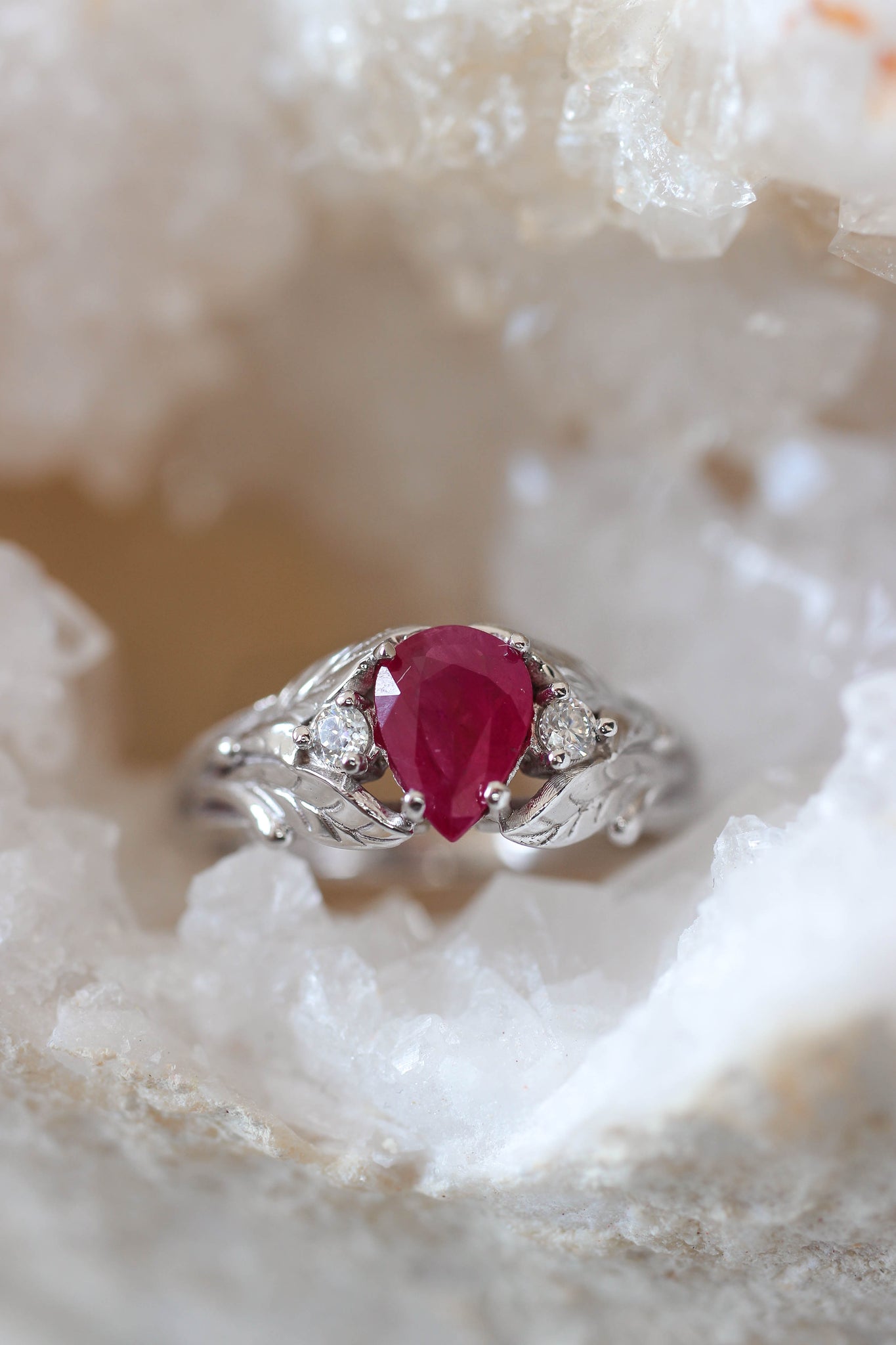 Natural ruby ring with diamonds, leaves engagement ring / Wisteria - Eden Garden Jewelry™