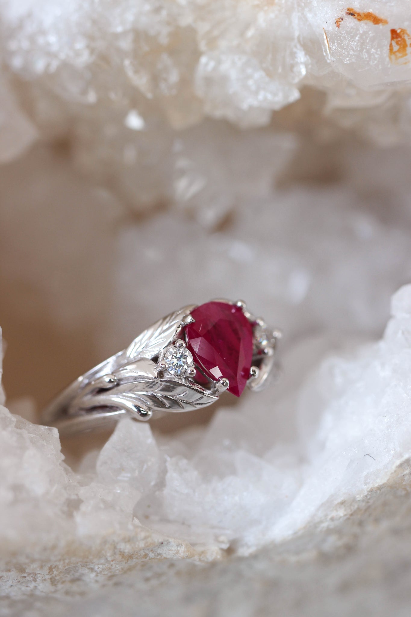 Natural ruby ring with diamonds, leaves engagement ring / Wisteria - Eden Garden Jewelry™