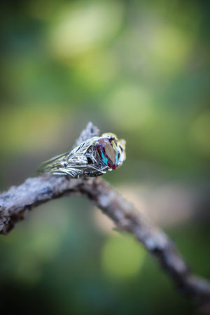 Pear alexandrite ring, gold leaves engagement ring / Wisteria - Eden Garden Jewelry™