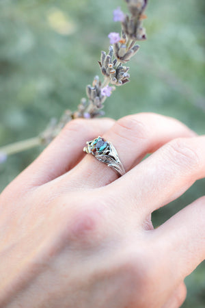 Pear alexandrite ring, gold leaves engagement ring / Wisteria - Eden Garden Jewelry™