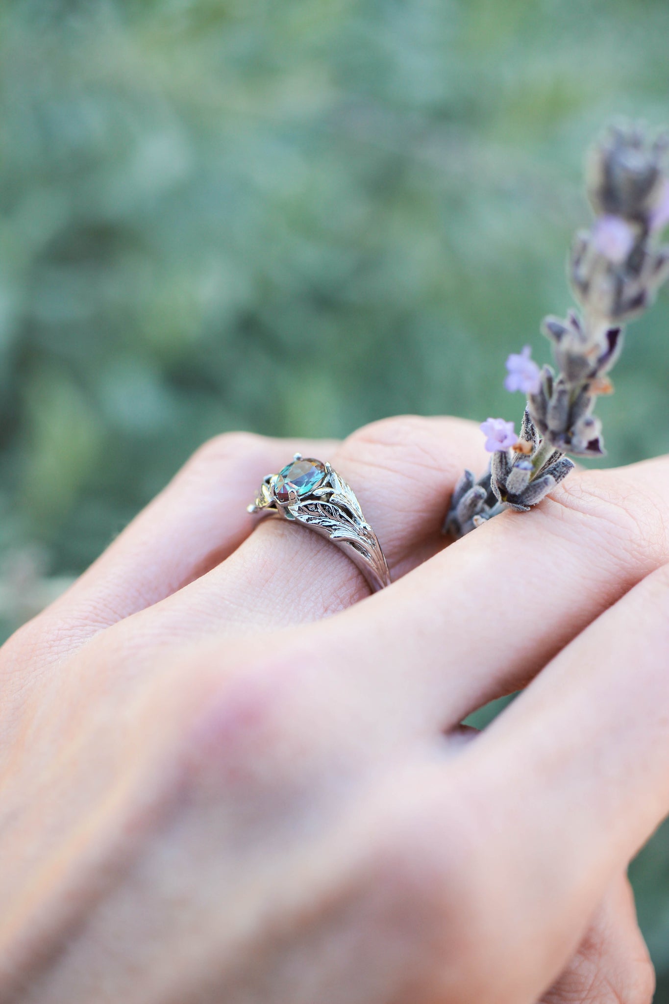 Pear alexandrite ring, gold leaves engagement ring / Wisteria - Eden Garden Jewelry™