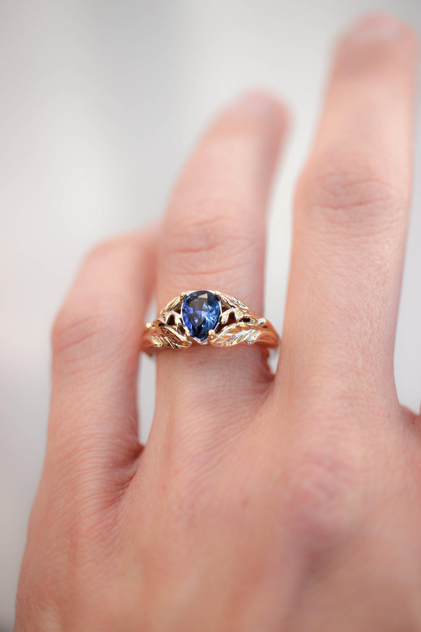 Blue lab sapphire ring, gold leaves engagement ring / Wisteria - Eden Garden Jewelry™