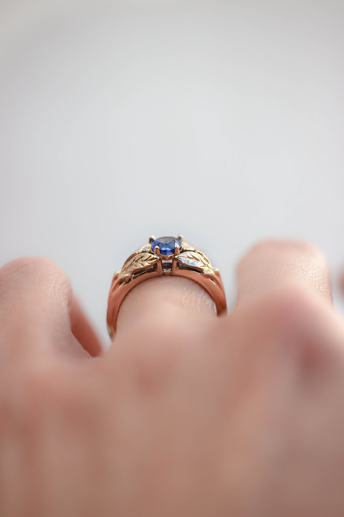 Blue lab sapphire ring, gold leaves engagement ring / Wisteria - Eden Garden Jewelry™