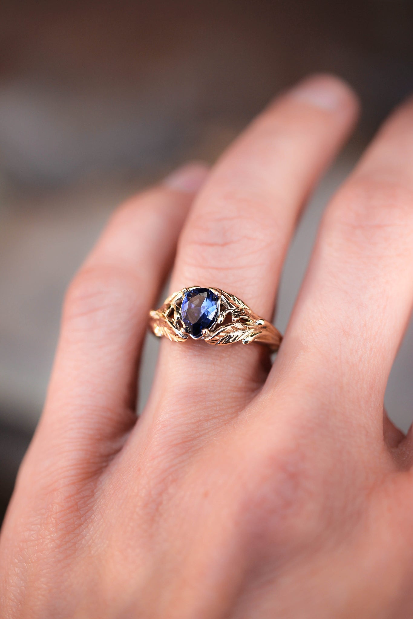 Blue lab sapphire ring, gold leaves engagement ring / Wisteria - Eden Garden Jewelry™