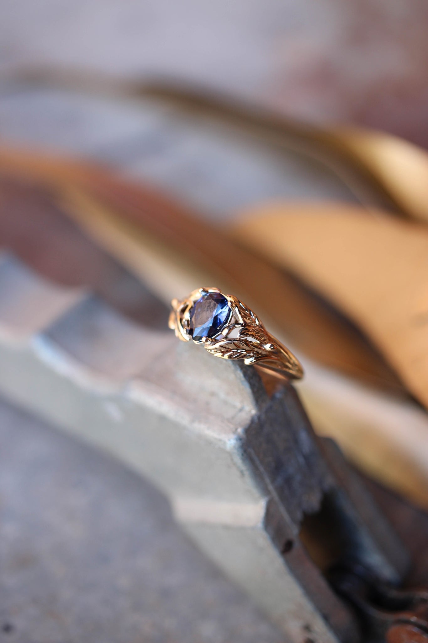 Blue lab sapphire ring, gold leaves engagement ring / Wisteria - Eden Garden Jewelry™