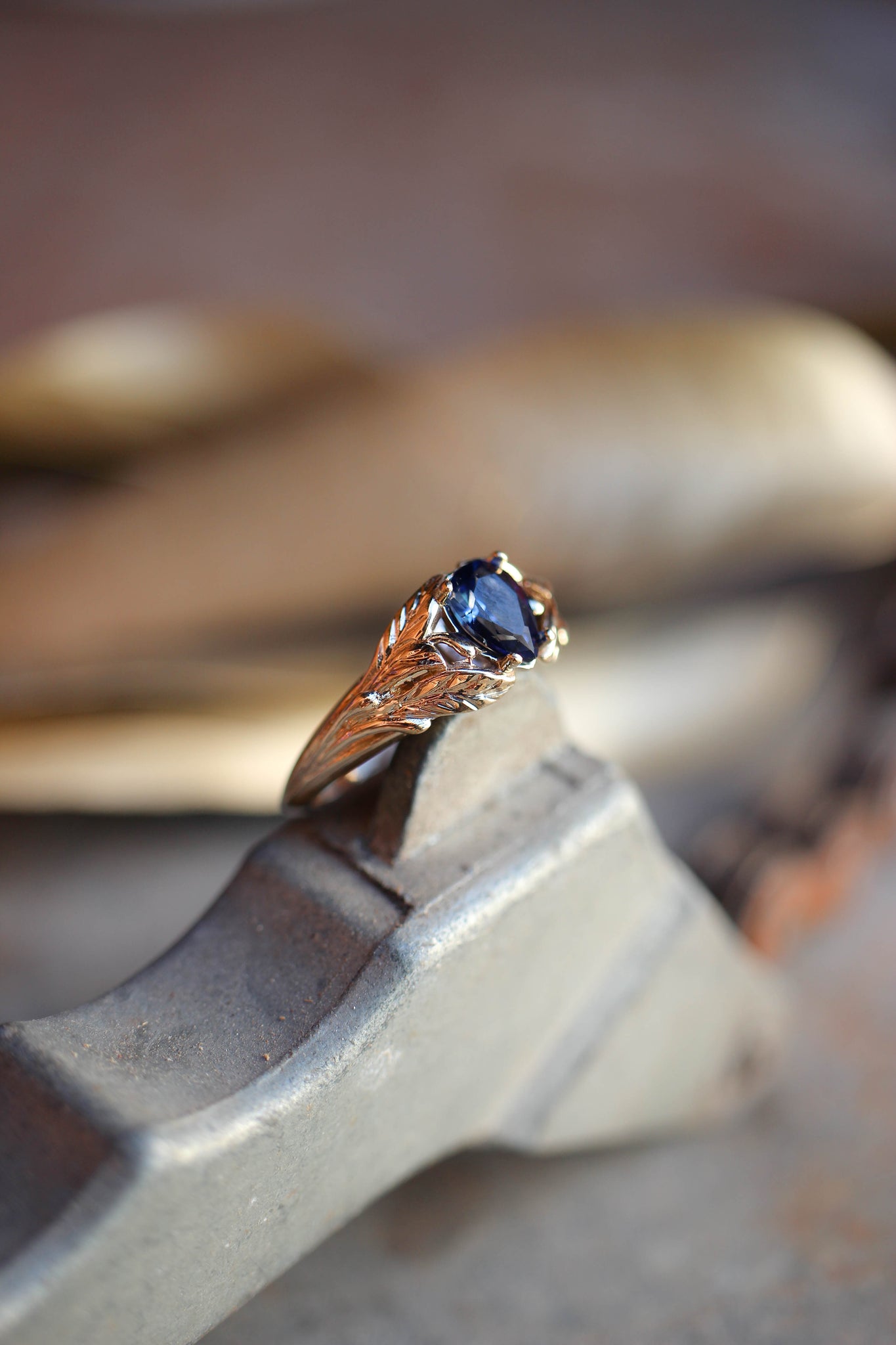 Blue lab sapphire ring, gold leaves engagement ring / Wisteria - Eden Garden Jewelry™