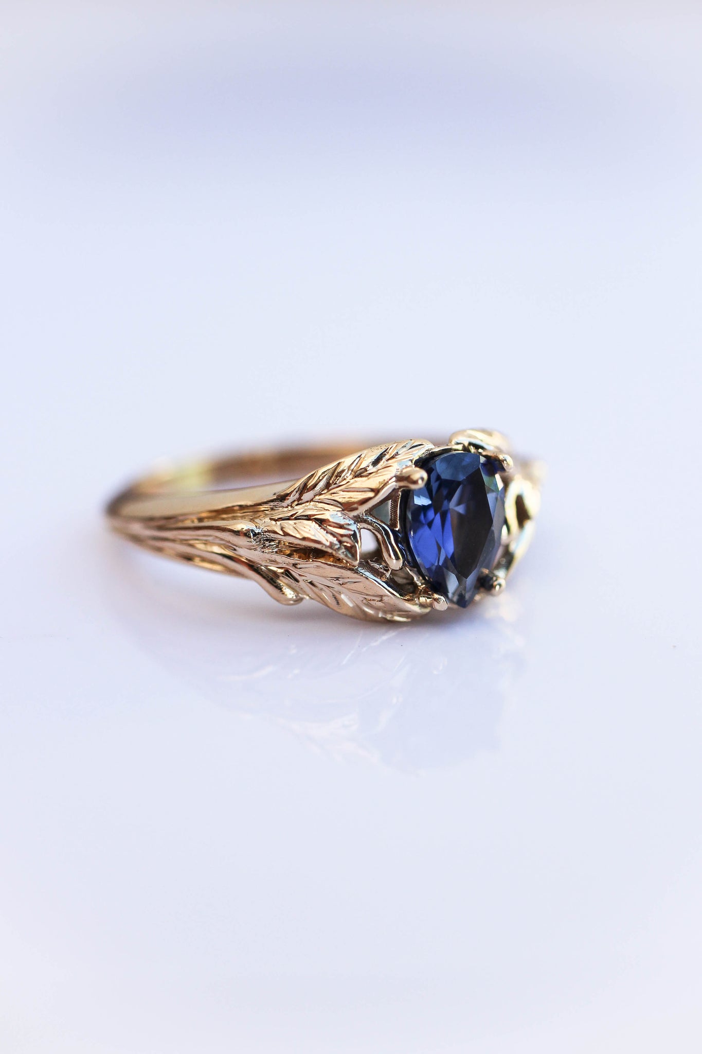 Blue lab sapphire ring, gold leaves engagement ring / Wisteria - Eden Garden Jewelry™