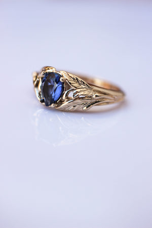 Blue lab sapphire ring, gold leaves engagement ring / Wisteria - Eden Garden Jewelry™