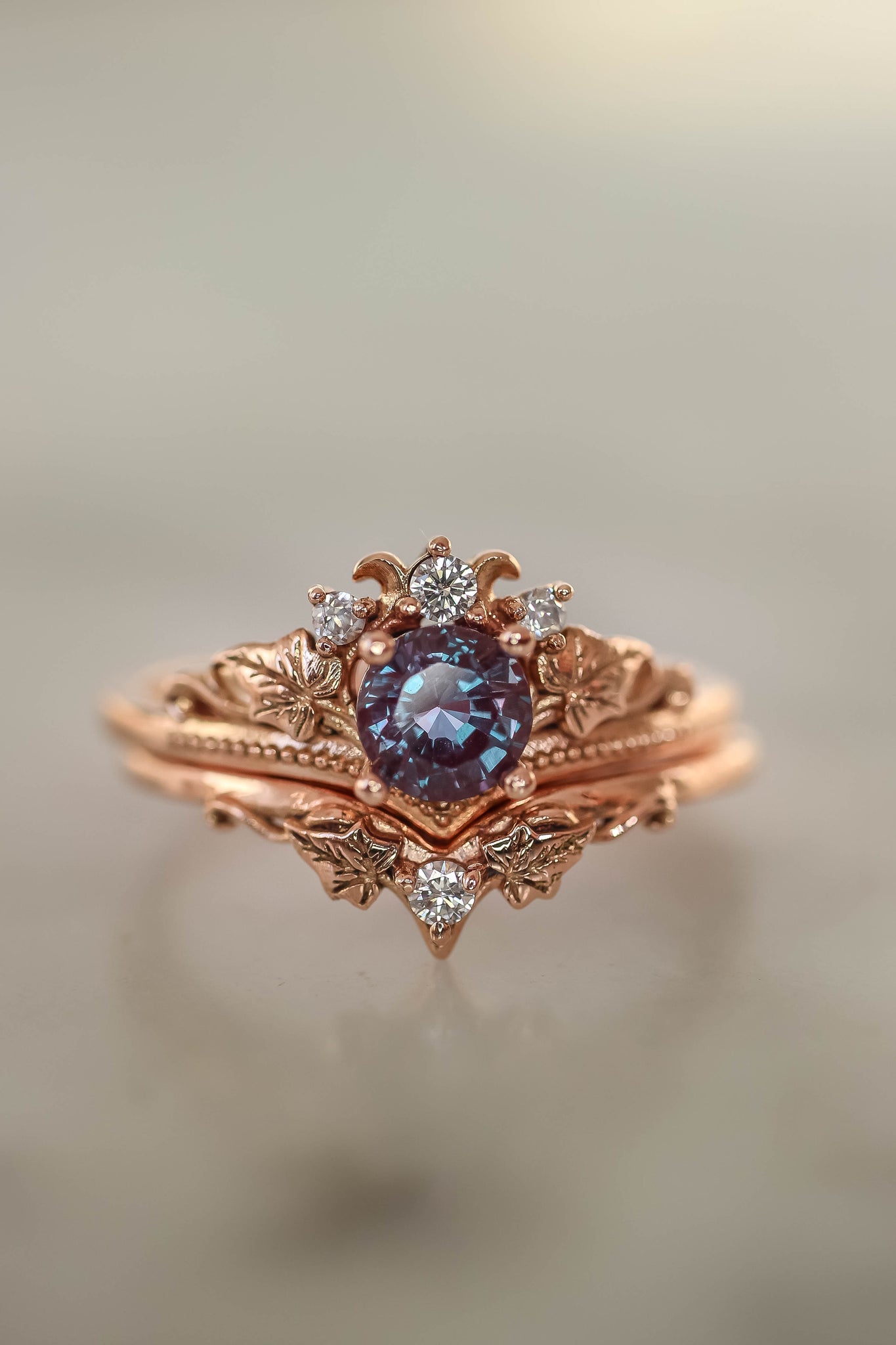 Bridal ring set with alexandrite and diamonds / Ariadne - Eden Garden Jewelry™