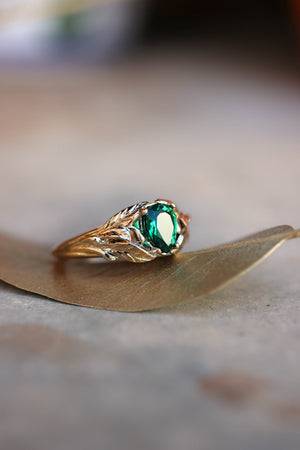 Pear cut emerald ring, leaves engagement ring / Wisteria - Eden Garden Jewelry™