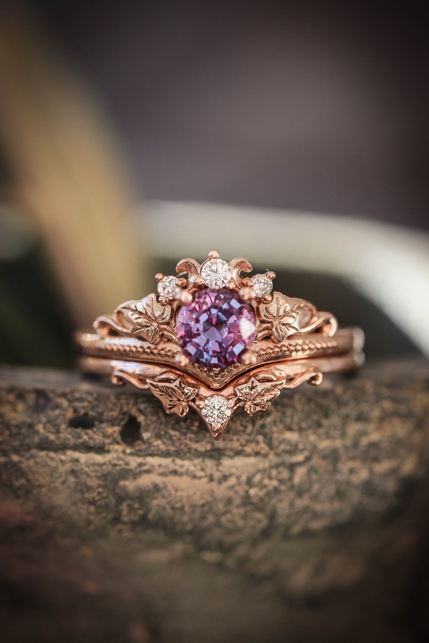 Bridal ring set with alexandrite and diamonds / Ariadne - Eden Garden Jewelry™