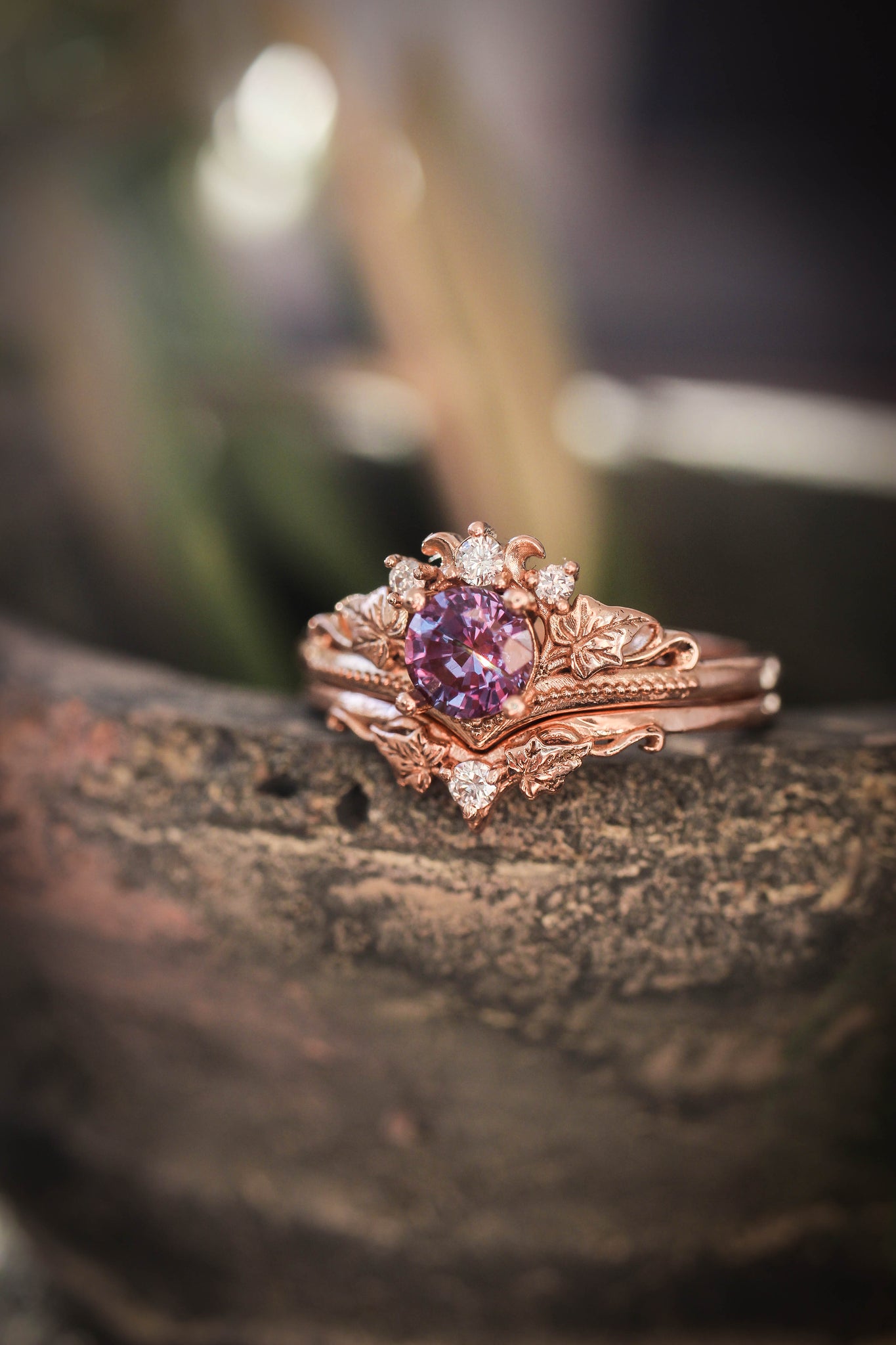 Bridal ring set with alexandrite and diamonds / Ariadne - Eden Garden Jewelry™