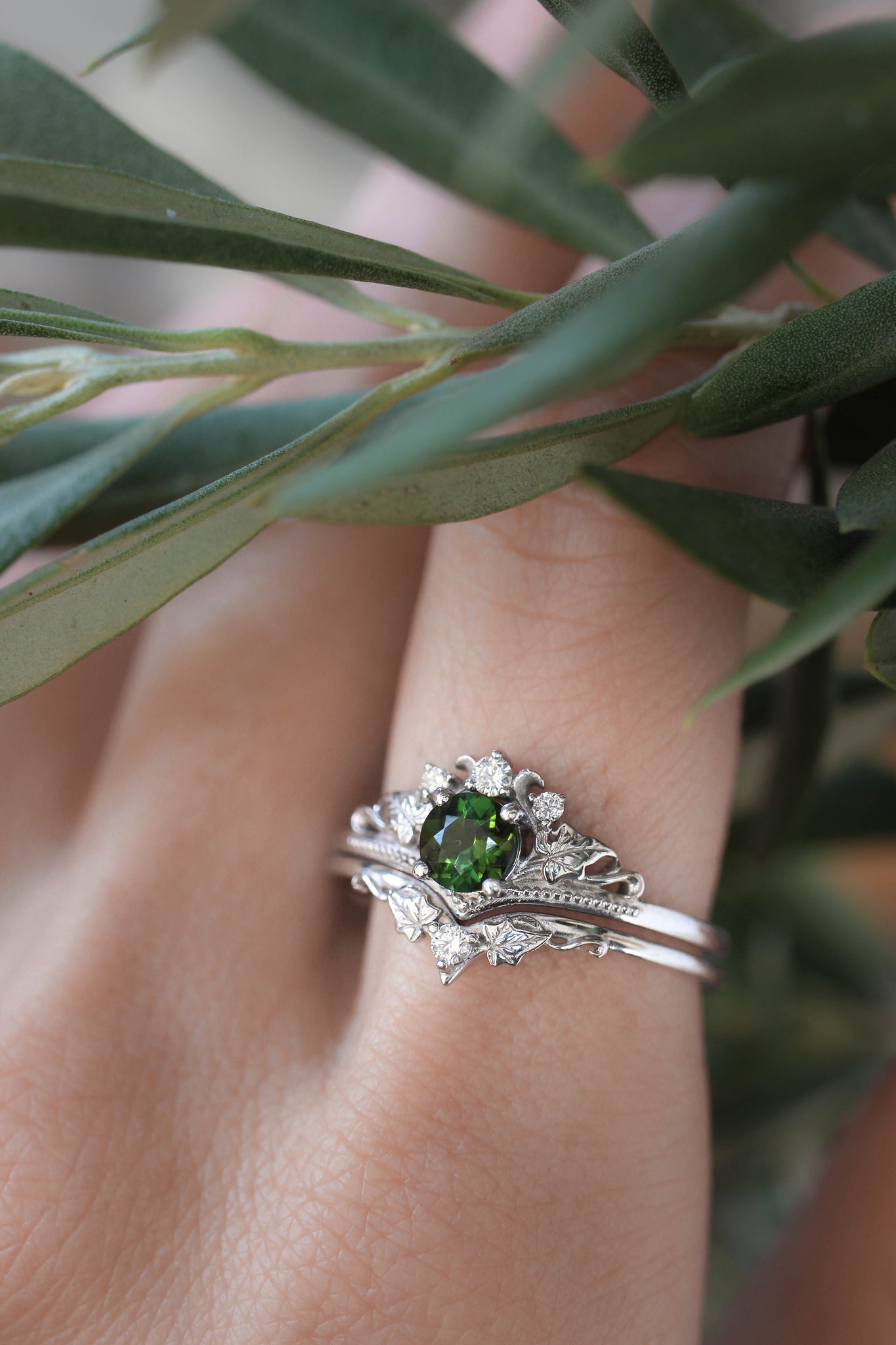 Bridal ring set with tourmaline and diamonds / Ariadne - Eden Garden Jewelry™