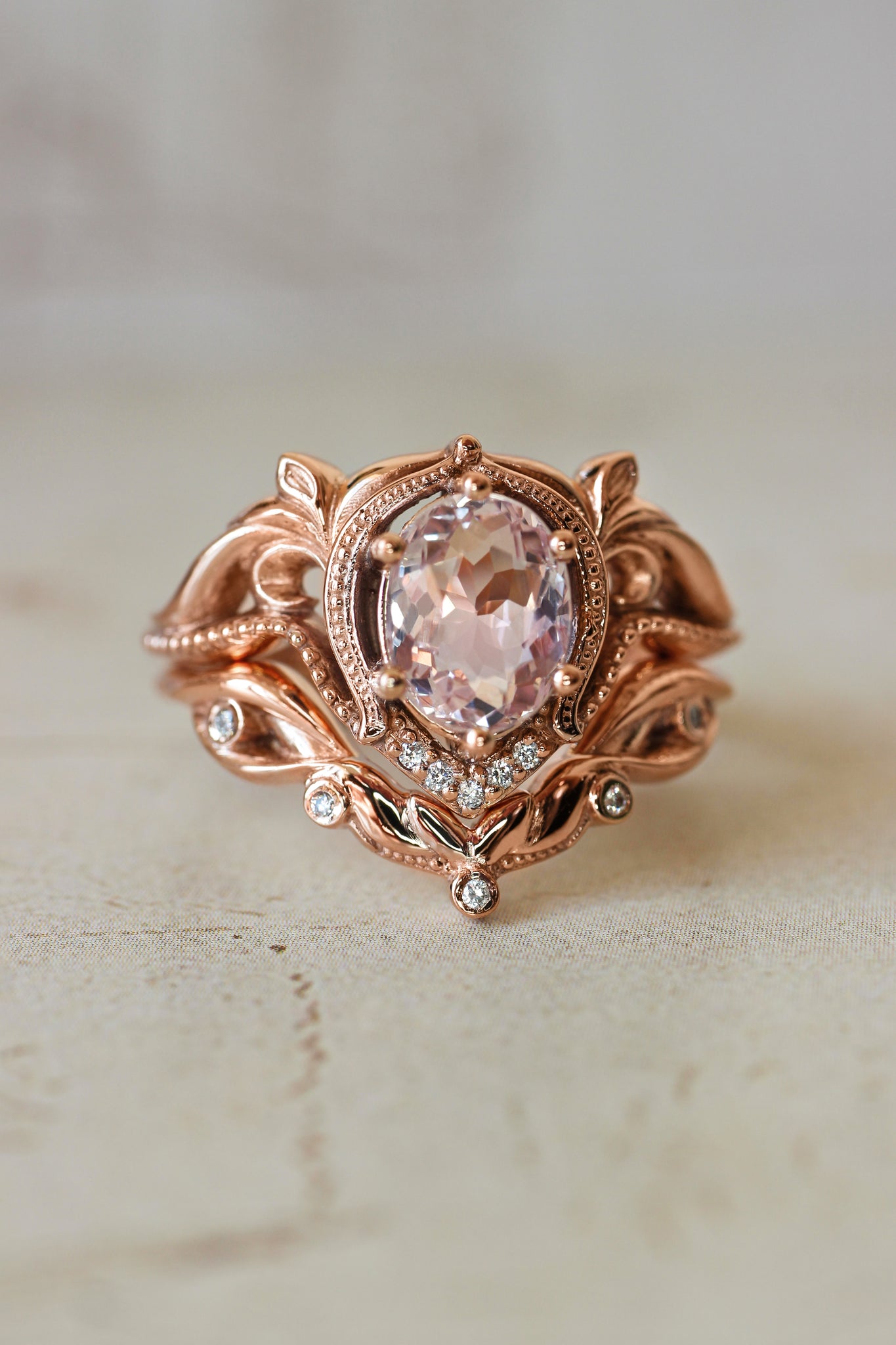 Art nouveau bridal ring set with morganite / Lida oval - Eden Garden Jewelry™