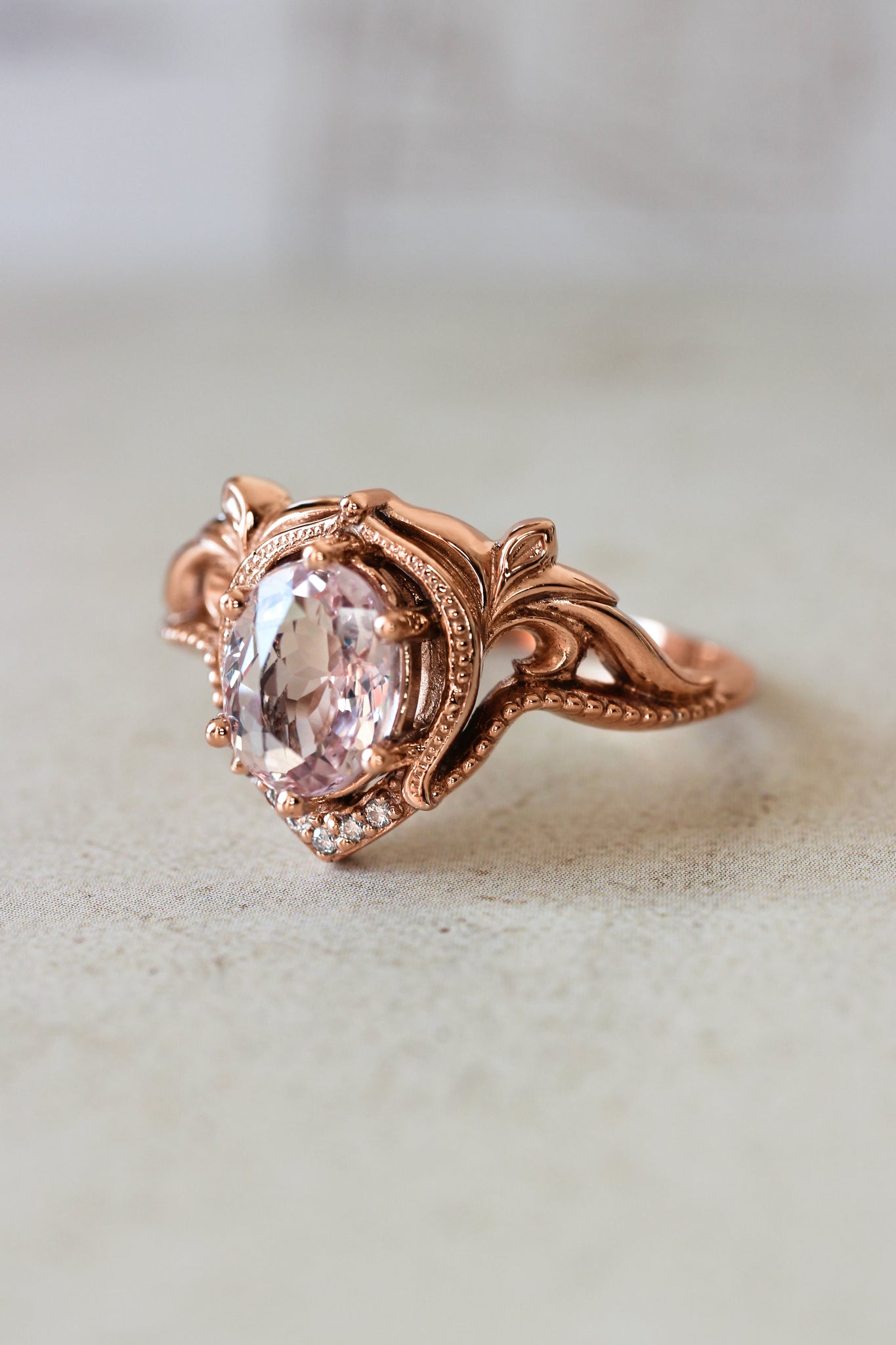 Art nouveau bridal ring set with morganite / Lida oval - Eden Garden Jewelry™