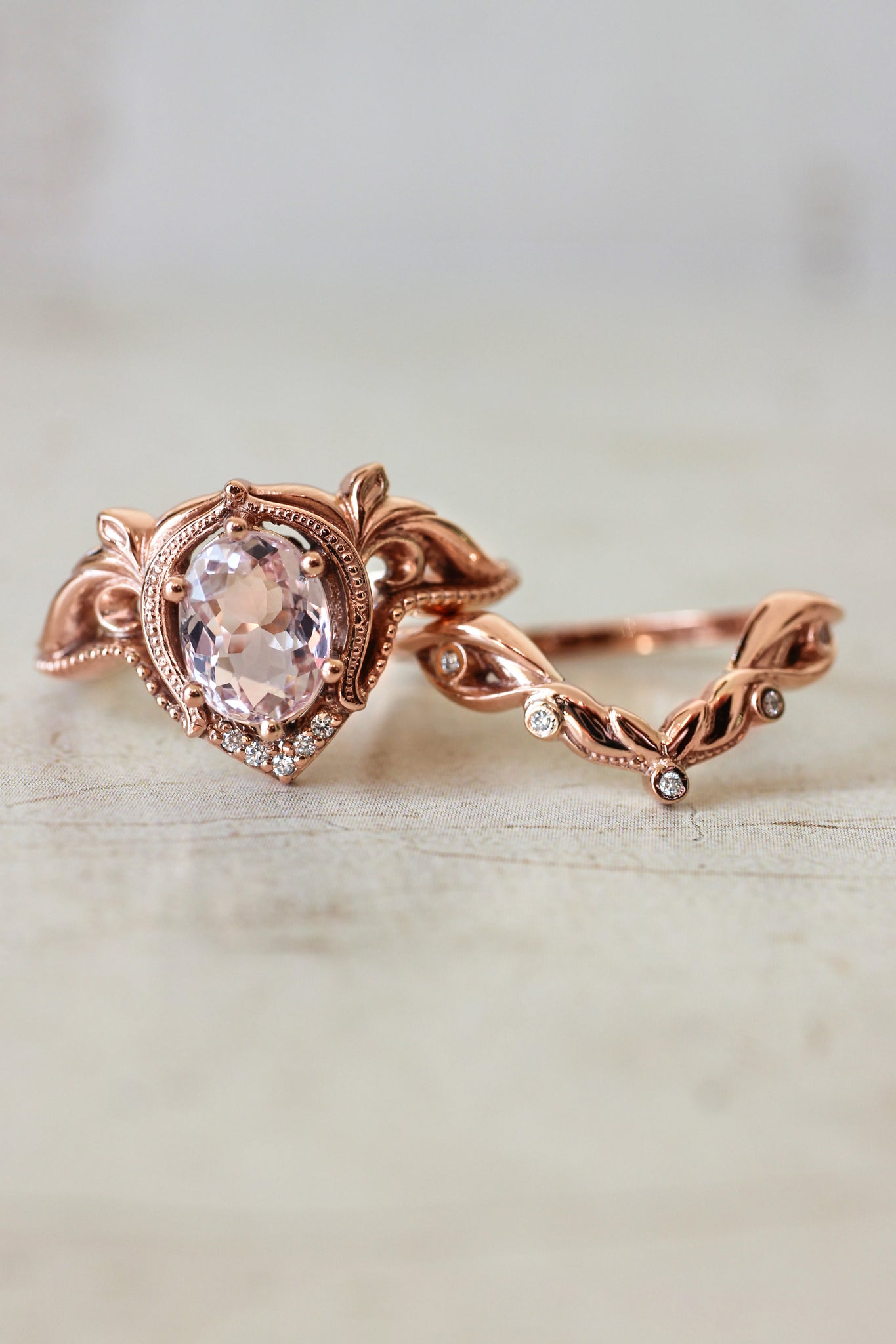 Art nouveau bridal ring set with morganite / Lida oval - Eden Garden Jewelry™