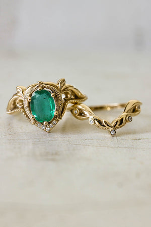 Art nouveau bridal ring set with natural emerald / Lida oval - Eden Garden Jewelry™