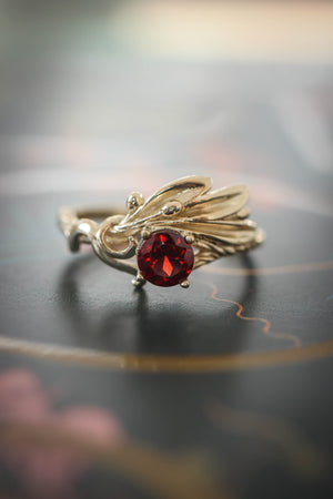 Olive branch ring with ribbon and red garnet - Eden Garden Jewelry™