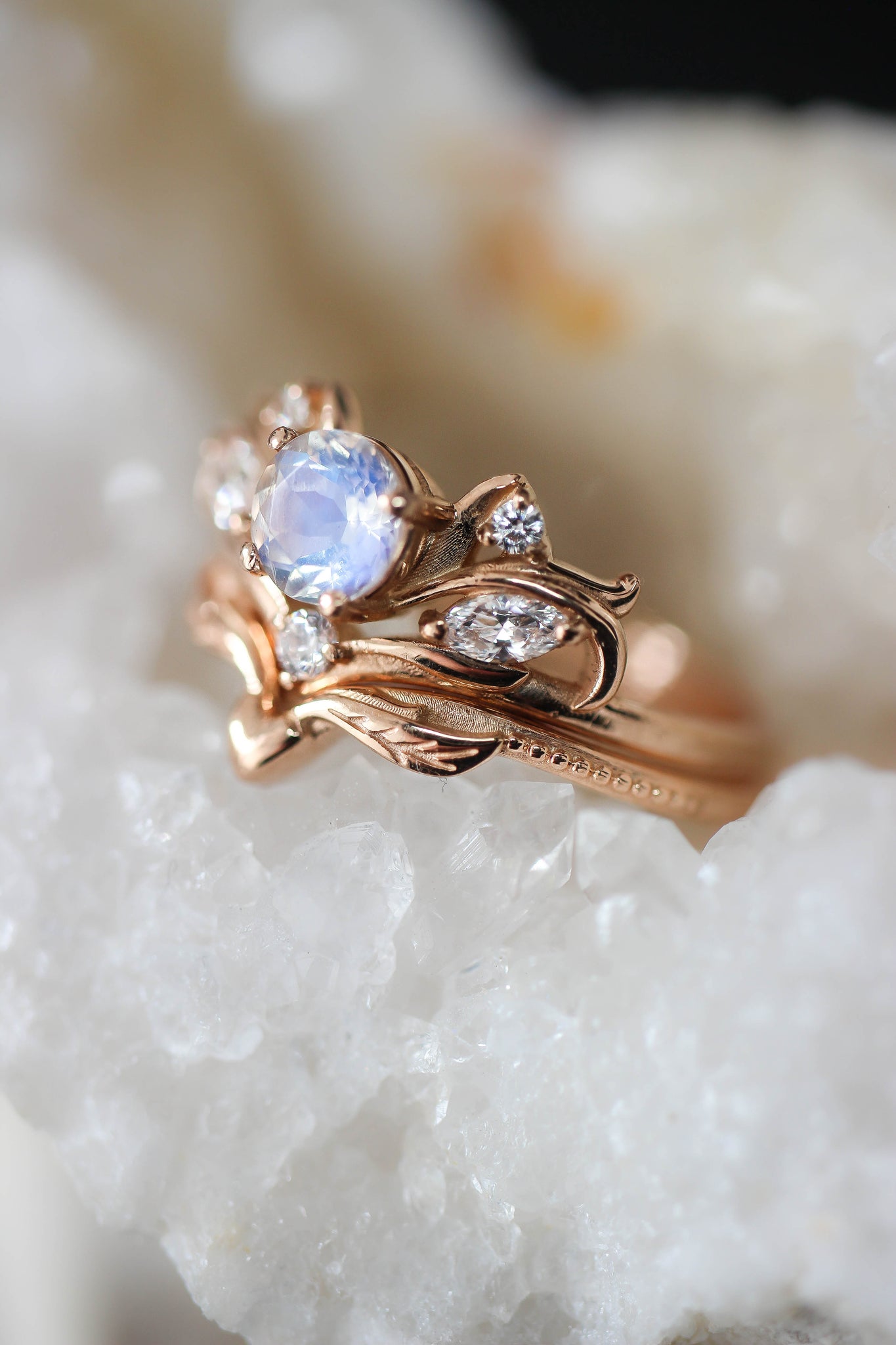 Bridal ring set with rainbow moonstone / Swanlake - Eden Garden Jewelry™