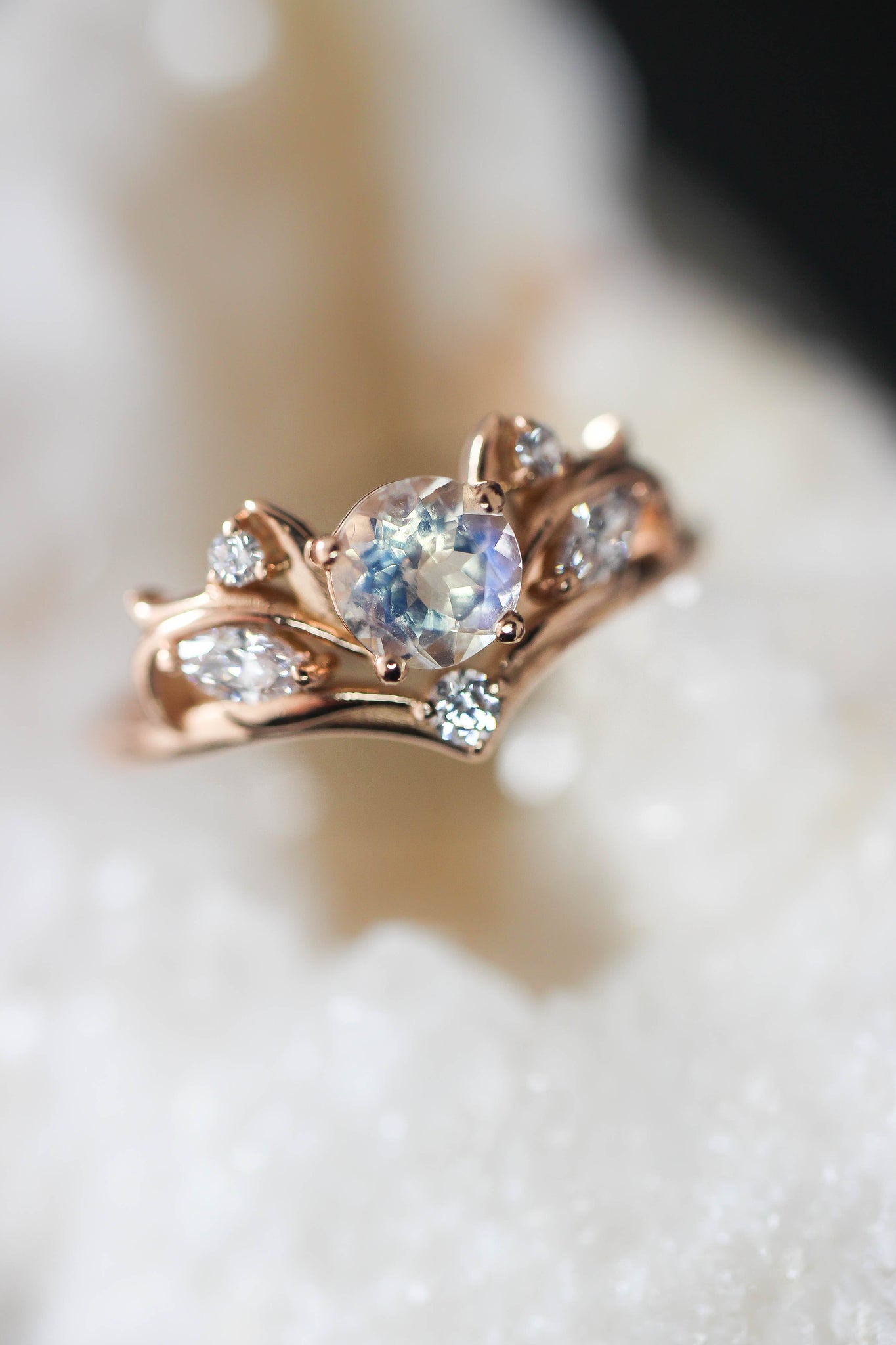 Bridal ring set with rainbow moonstone / Swanlake - Eden Garden Jewelry™