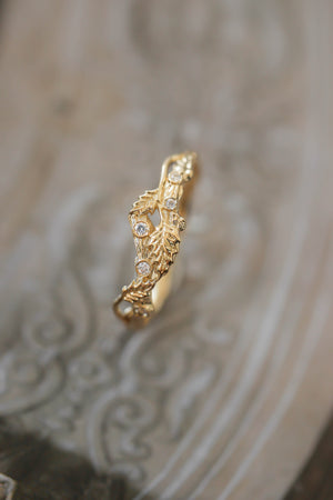 Twig ring with diamonds and three leaves, branch wedding band - Eden Garden Jewelry™