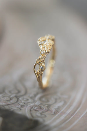 Twig ring with diamonds and three leaves, branch wedding band - Eden Garden Jewelry™