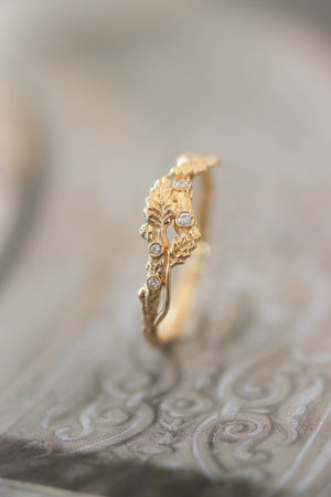 Twig ring with diamonds and three leaves, branch wedding band - Eden Garden Jewelry™