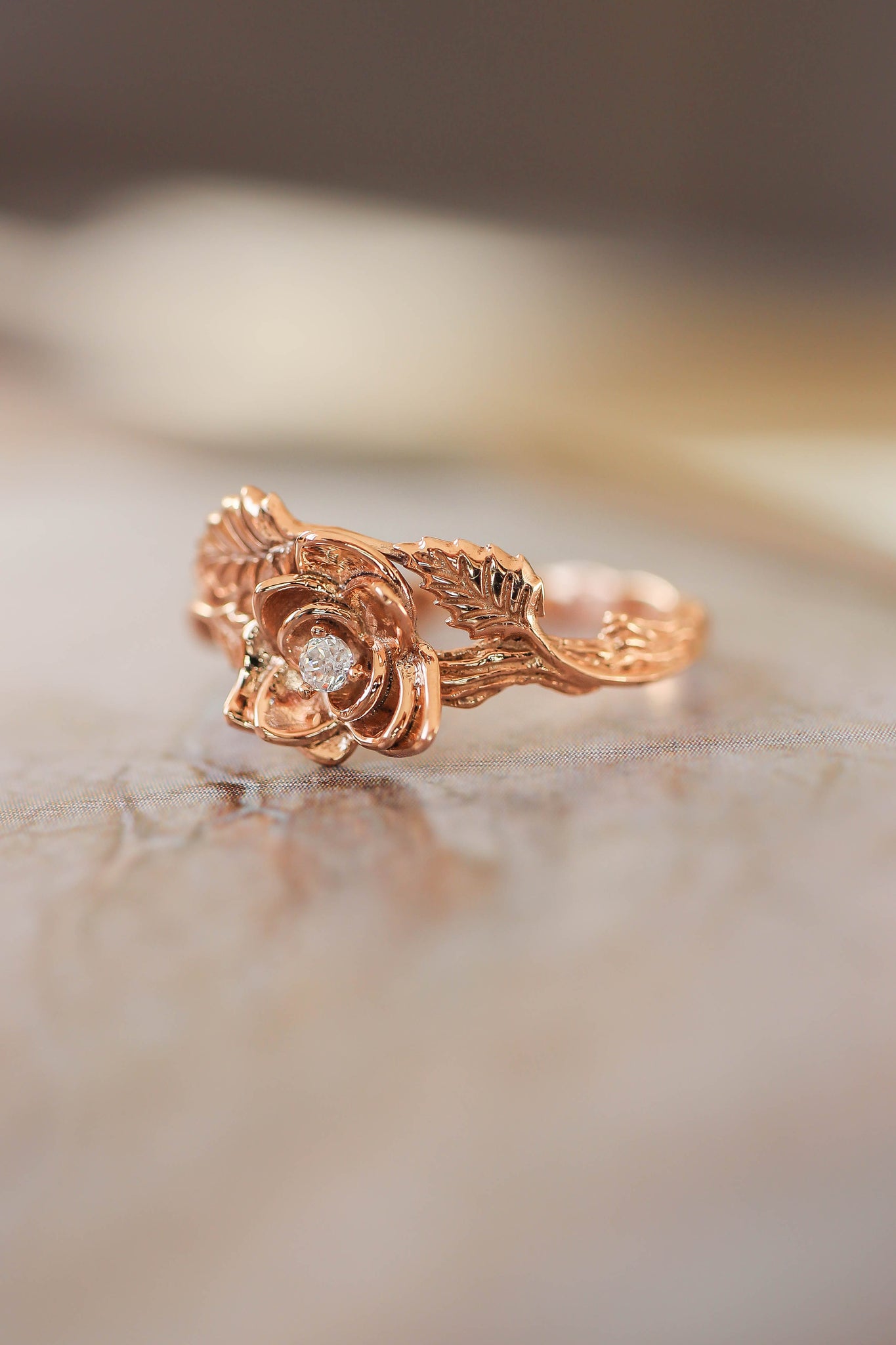 Nature wedding bands set: wide ring for him, rose flower ring for her - Eden Garden Jewelry™