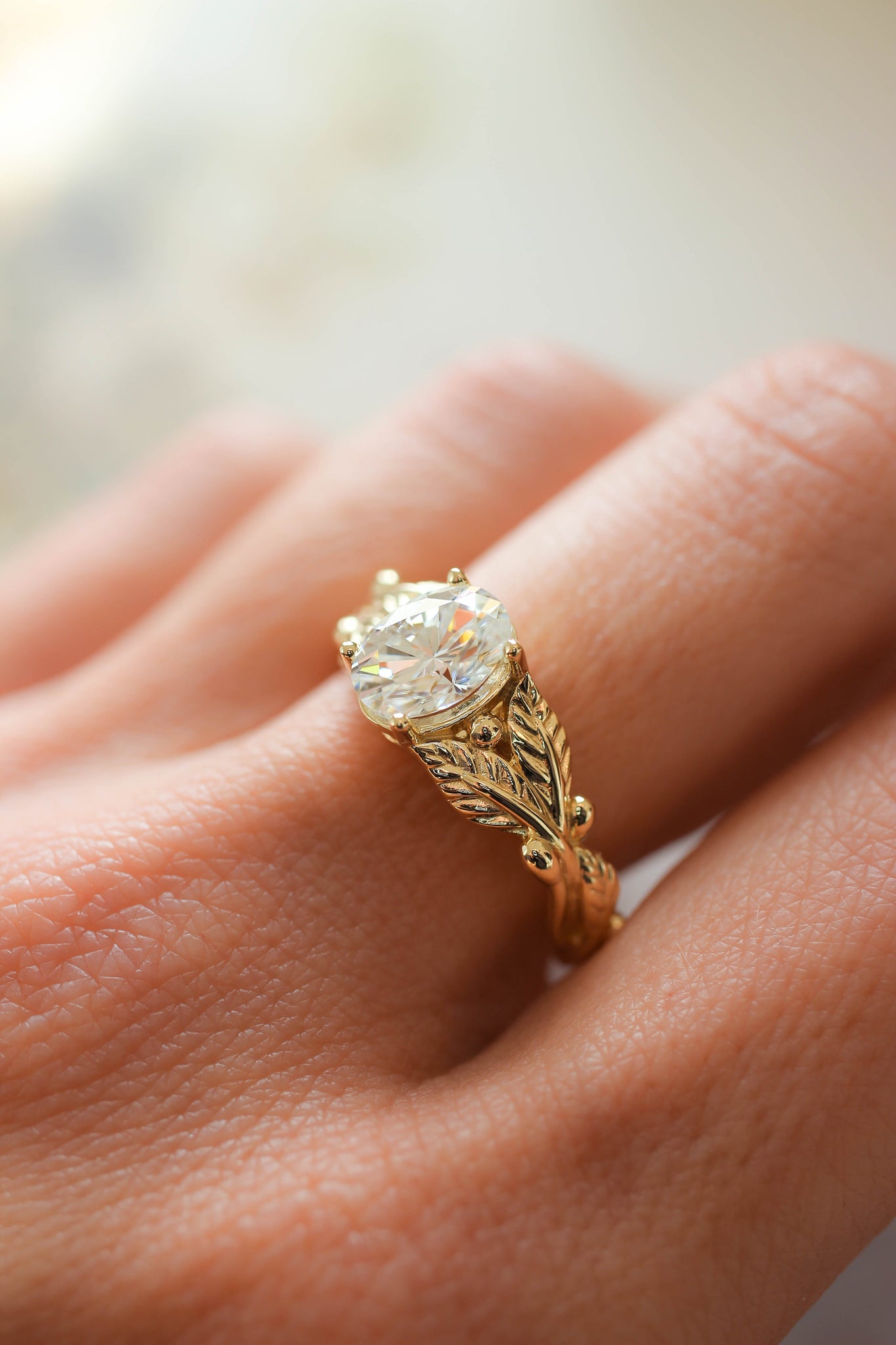 Lab grown diamond engagement ring, oval cut gemstone gold leaf promise ring / Cornus - Eden Garden Jewelry™